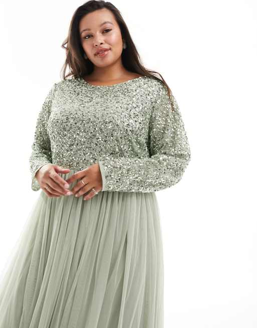 Maya Plus Bridesmaid long sleeve maxi tulle dress with tonal delicate  sequin in sage green