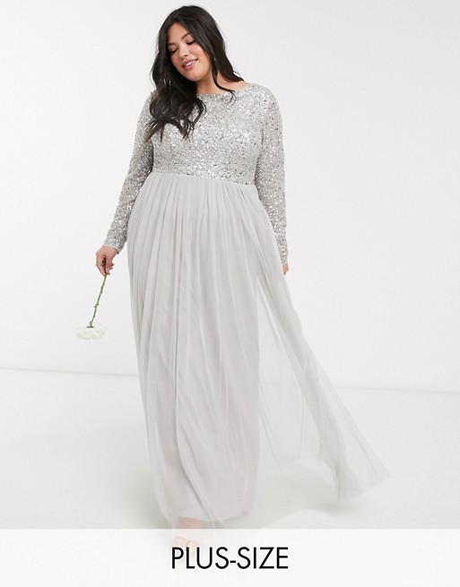 Maya Plus Bridesmaid long sleeve v back maxi tulle dress with tonal delicate sequin overlay in silver