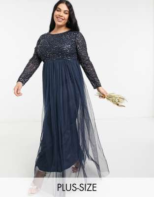 MAYA PLUS BRIDESMAID LONG SLEEVE MAXI TULLE DRESS WITH TONAL DELICATE SEQUINS IN NAVY,AZBR1803