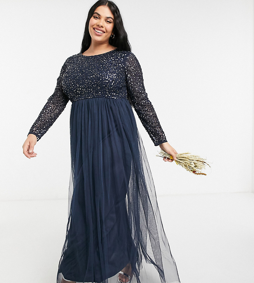 Product photo of Maya plus bridesmaid long sleeve maxi tulle dress with tonal delicate sequins in navy