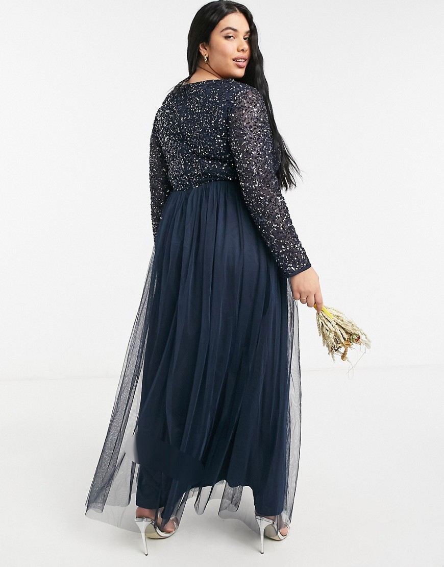 Alternative product photo of Maya plus bridesmaid long sleeve maxi tulle dress with tonal delicate sequins in navy