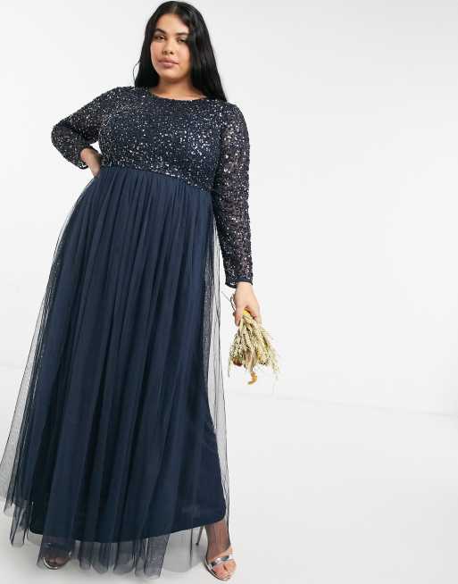 Maya Plus Bridesmaid long sleeve maxi tulle dress with tonal delicate sequins in navy ASOS