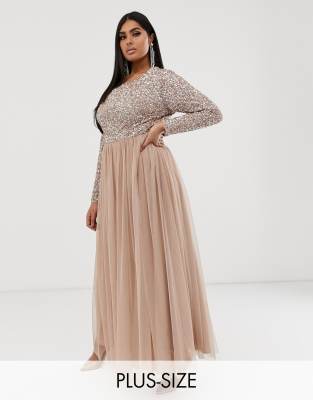 Maya Plus Bridesmaid long sleeve maxi tulle dress with tonal delicate sequins in taupe blush-Brown