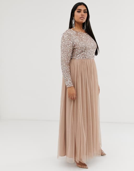 Maya petite bridesmaid long sleeve maxi tulle dress outlet with tonal delicate sequins in taupe blush