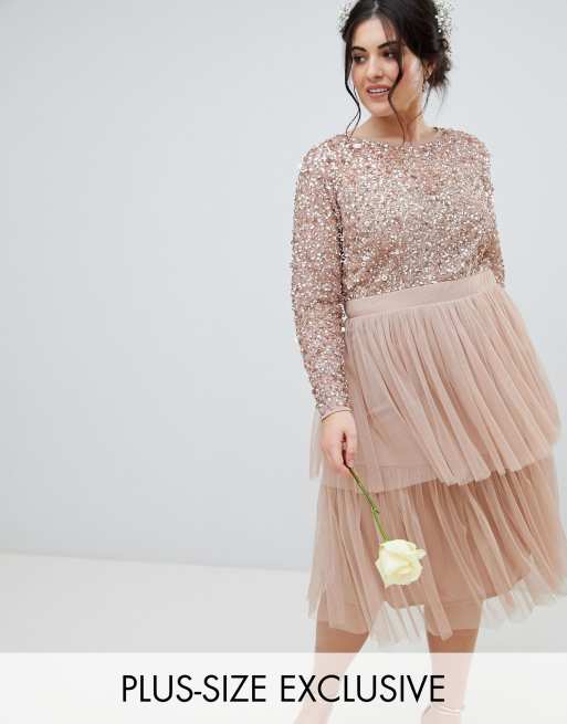 Maya Plus Bridesmaid Long Sleeve Sequin Top Midi Dress With Tiered Tulle  Skirt | ASOS