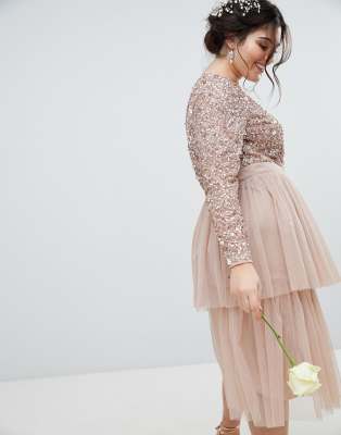 maya long sleeve sequin top midi dress with tiered tulle skirt