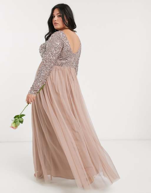 maya bridesmaid long sleeve maxi tulle dress with tonal delicate sequins in taupe blush