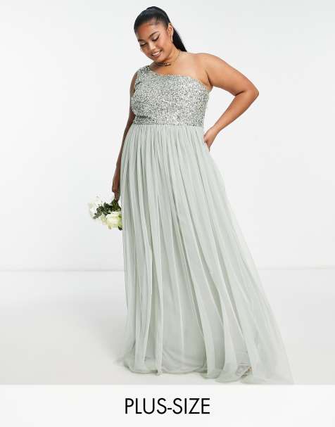 Maya Plus – Bridesmaid – Maxikleid in Salbeigrün mit One-Shoulder-Träger und Pailletten - view 1