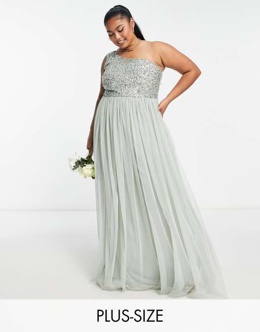 Maya Plus Bridesmaid Maxikleid in Salbeigrun mit One Shoulder Trager und Pailletten