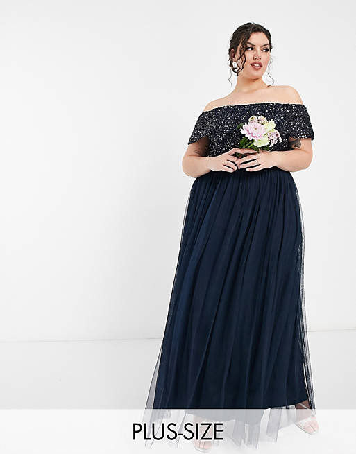  Maya Plus Bridesmaid off shoulder maxi tulle dress with tonal delicate sequin in navy 
