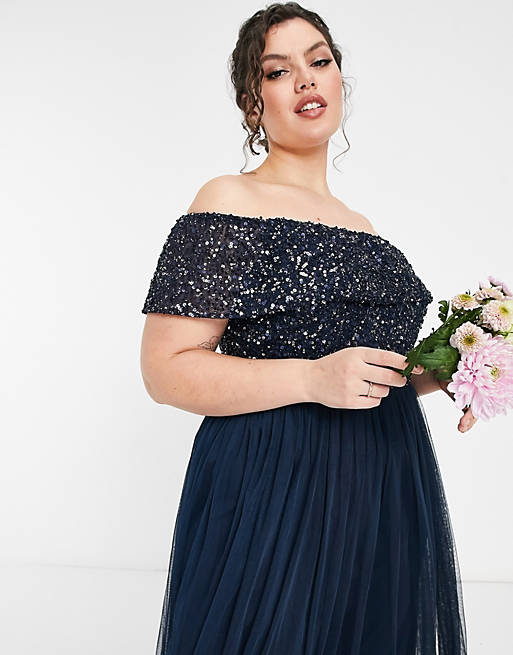  Maya Plus Bridesmaid off shoulder maxi tulle dress with tonal delicate sequin in navy 