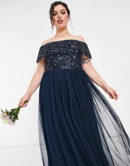 Maya Plus Bridesmaid off shoulder maxi tulle dress with tonal delicate sequin in navy