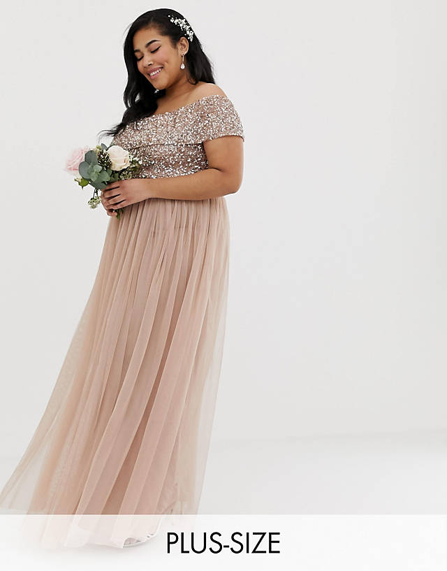 Maya Plus - bridesmaid  off shoulder  maxi tulle dress with tonal delicate sequin in taupe blush
