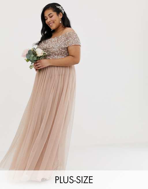 Maya Plus Bridesmaid off-shoulder maxi tulle dress with tonal delicate  sequin in taupe blush | ASOS