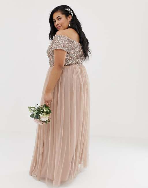 Maya Plus Bridesmaid off shoulder maxi tulle dress with tonal delicate sequin in taupe blush ASOS