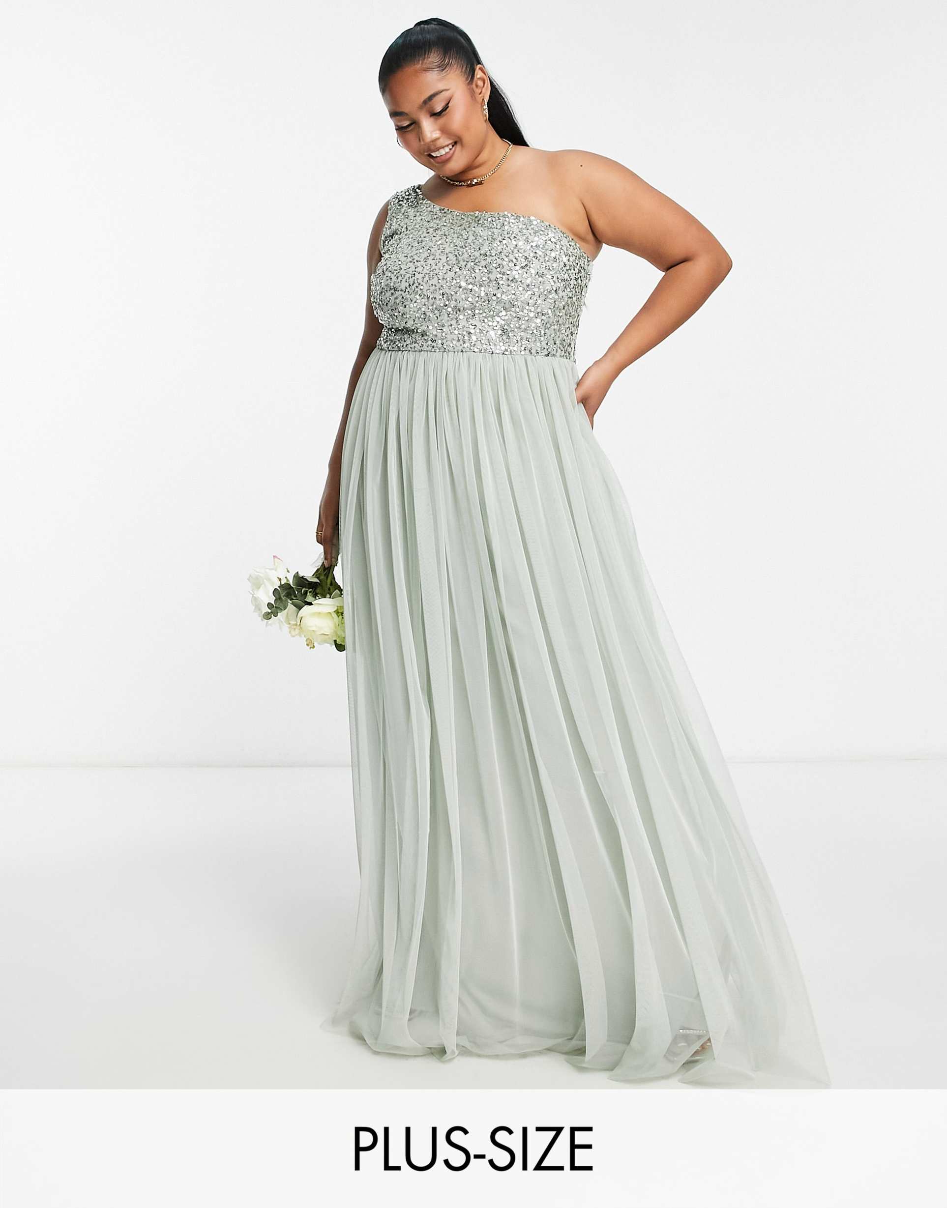 maya plus bridesmaid one shoulder sequin maxi dress in sage green