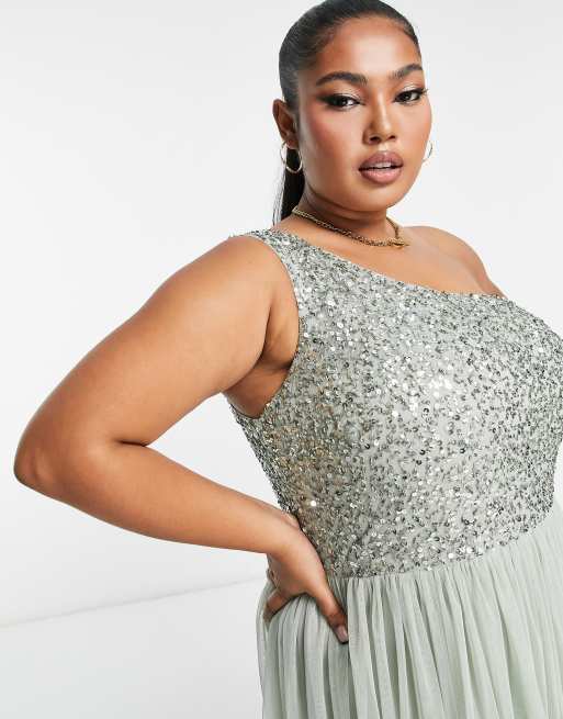 Maya Plus Bridesmaid one shoulder sequin maxi dress in sage green ASOS