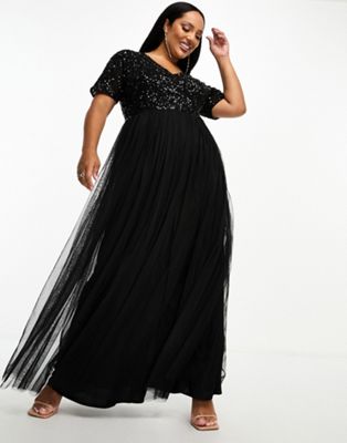 Maya Plus Bridesmaid Short Sleeve Maxi Tulle Dress With Tonal Delicate Sequins In Black-red