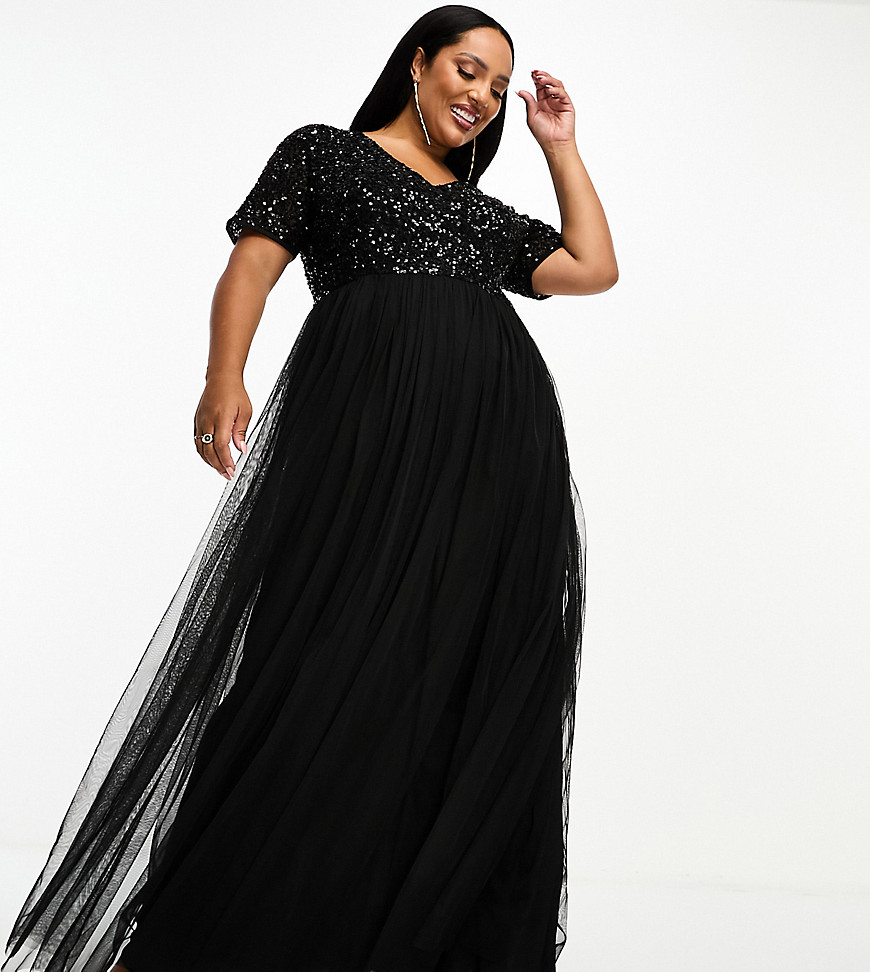 Bridesmaid short sleeve maxi tulle dress with tonal delicate sequins in black-Red