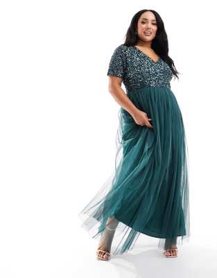 Maya Plus Bridesmaid Short Sleeve Maxi Tulle Dress With Tonal Delicate Sequins In Emerald Green