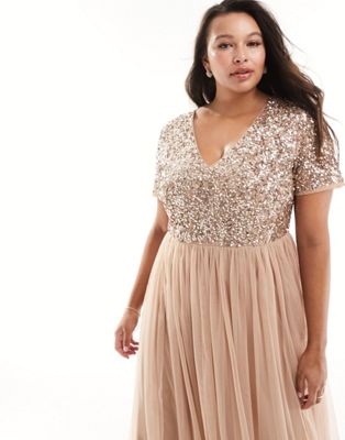 Maya Plus Bridesmaid Short Sleeve Maxi Tulle Dress With Tonal Delicate Sequins In Muted Blush-neutral