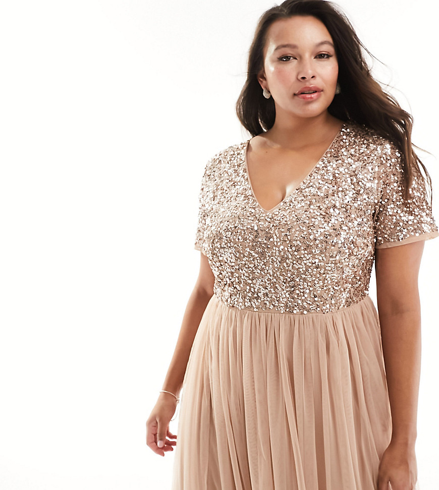 Maya Plus Bridesmaid Short Sleeve Maxi Tulle Dress With Tonal Delicate Sequins In Muted Blush-neutral