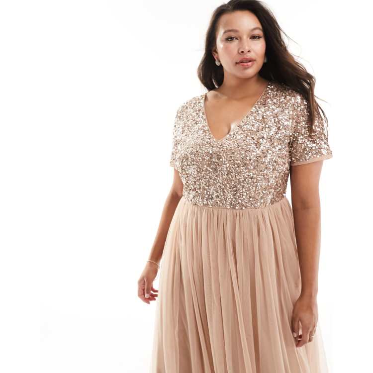 Maya Plus Bridesmaid short sleeve maxi tulle dress with tonal delicate sequins in muted blush ClassicfuncenterShops Shorts UA PaceHER da donna