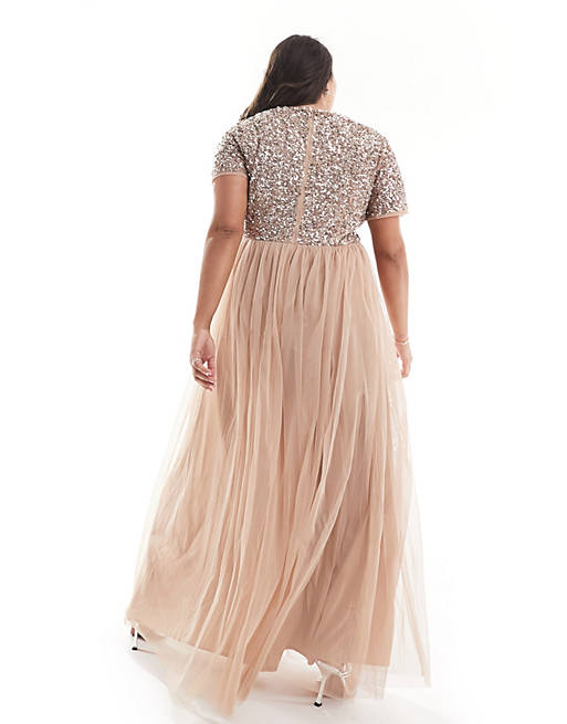 Maya Plus Bridesmaid short sleeve maxi tulle dress with tonal delicate  sequins in muted blush