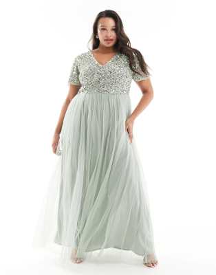 Maya Plus Bridesmaid Short Sleeve Maxi Tulle Dress With Tonal Delicate Sequins In Sage Green