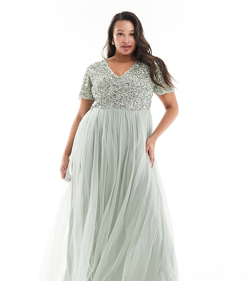 Plus-size dress by Maya Plus Takes you from the ceremony to the dancefloor V-neck Short sleeves Sequin-embellished top Zip-back fastening Soft pleated skirt Regular fit