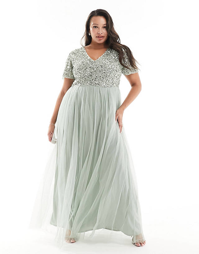 Maya Plus - bridesmaid short sleeve maxi tulle dress with tonal delicate sequins in sage green