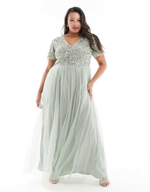 Maya Plus Bridesmaid short sleeve maxi tulle dress with tonal delicate  sequins in sage green