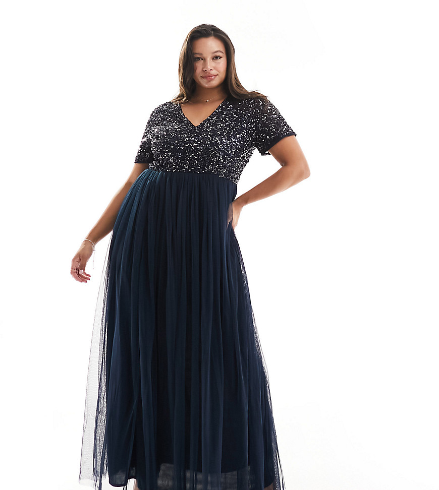 Maya Plus Bridesmaid Short Sleeve Maxi Tulle Dress With Tonal Delicate Sequins In Taupe Navy