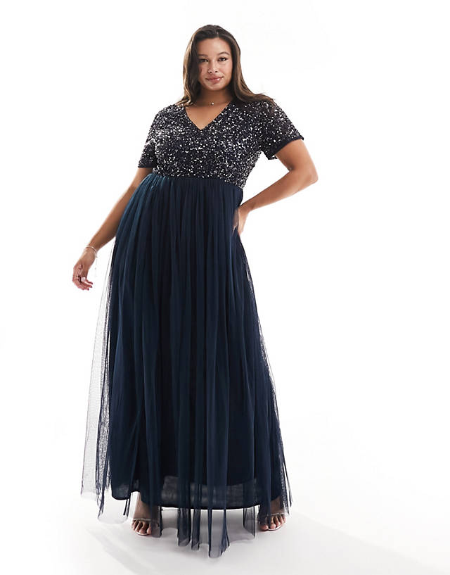 Maya Plus - bridesmaid short sleeve maxi tulle dress with tonal delicate sequins in taupe navy