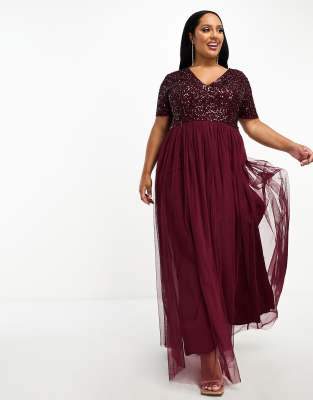 Maya Plus Bridesmaid short sleeve maxi tulle dress with tonal delicate sequins in wine-Red