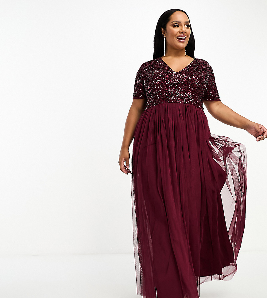 Maya Plus Bridesmaid short sleeve maxi tulle dress with tonal delicate sequins in wine-Red