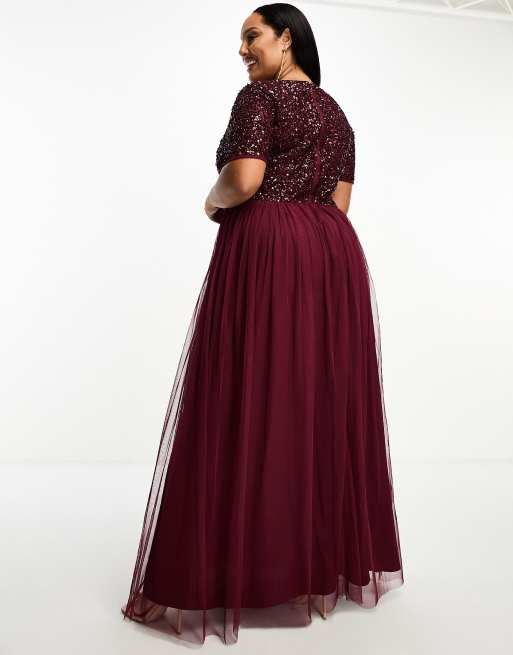 Maya high neck maxi tulle dress shop with tonal delicate sequins in berry