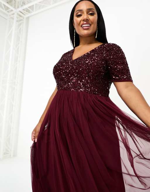 Maya Plus Bridesmaid short sleeve maxi tulle dress with tonal delicate sequins in wine