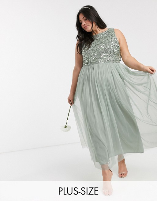 Maya Plus Bridesmaid sleeveless midaxi tulle dress with tonal delicate sequin overlay in sage green