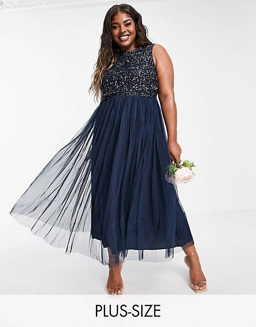 Maya Plus Bridesmaid sleeveless midaxi tulle dress with tonal delicate sequin overlay in navy