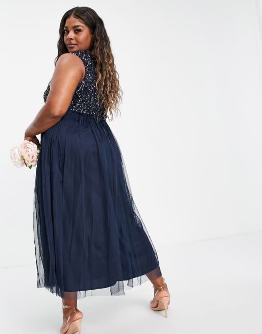 Maya Plus Bridesmaid sleeveless midaxi tulle dress with tonal delicate sequin overlay in navy ASOS