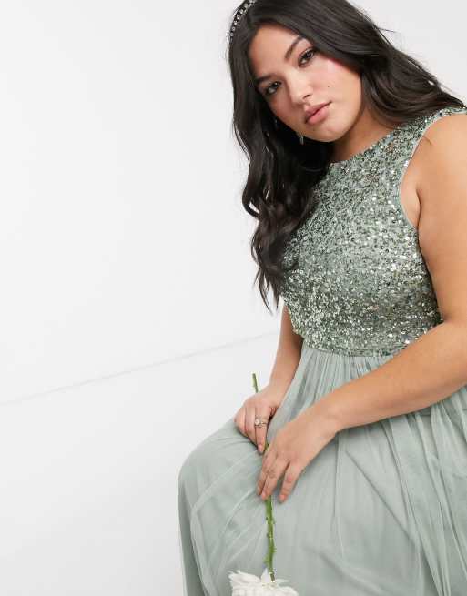 Maya Plus Bridesmaid sleeveless midaxi tulle dress with tonal delicate sequin overlay in sage green