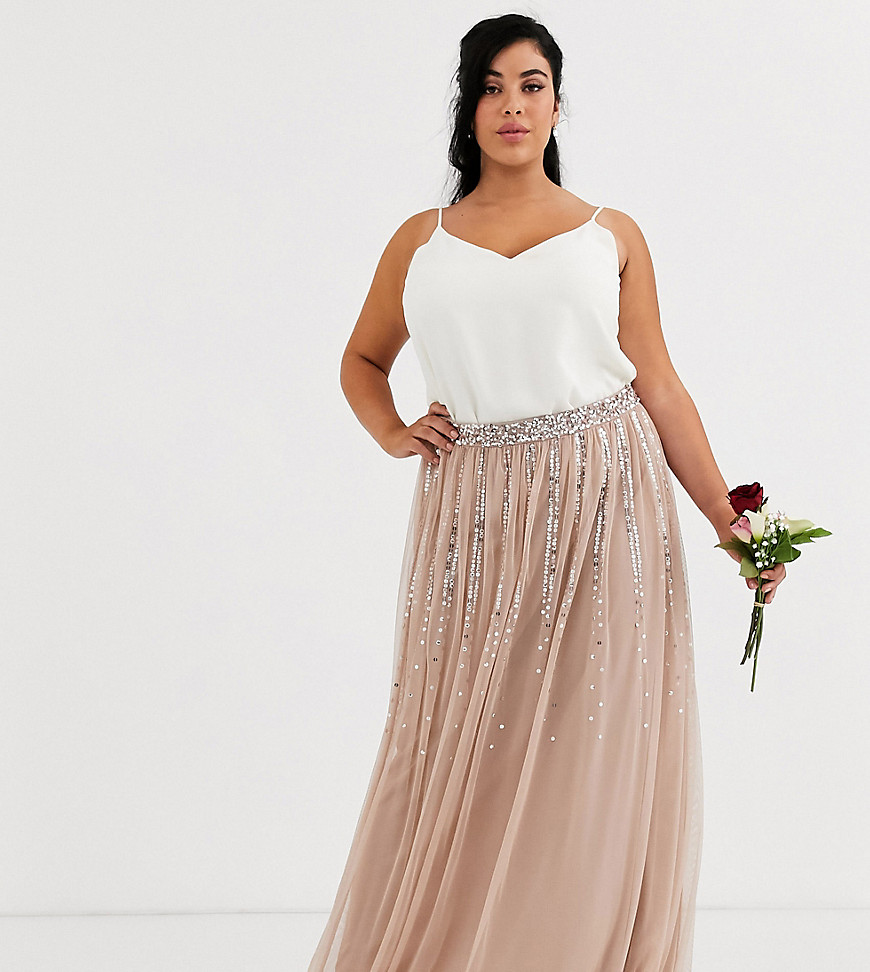 Maya Plus — Bridesmaid — Taupe-farvet nederdel i tyl med pailletter-Brun