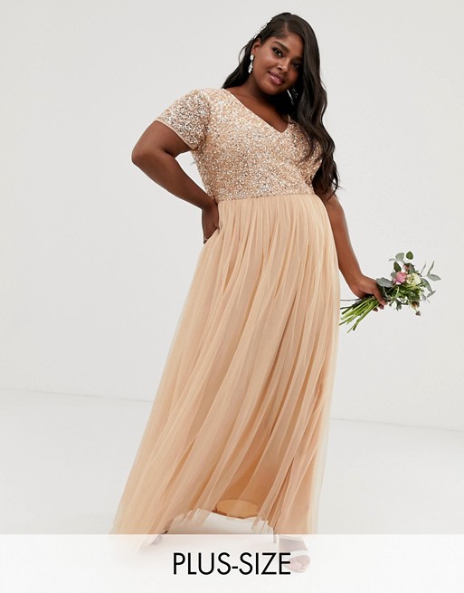 Maya Plus Bridesmaid V neck maxi dress with delicate sequin in soft peach