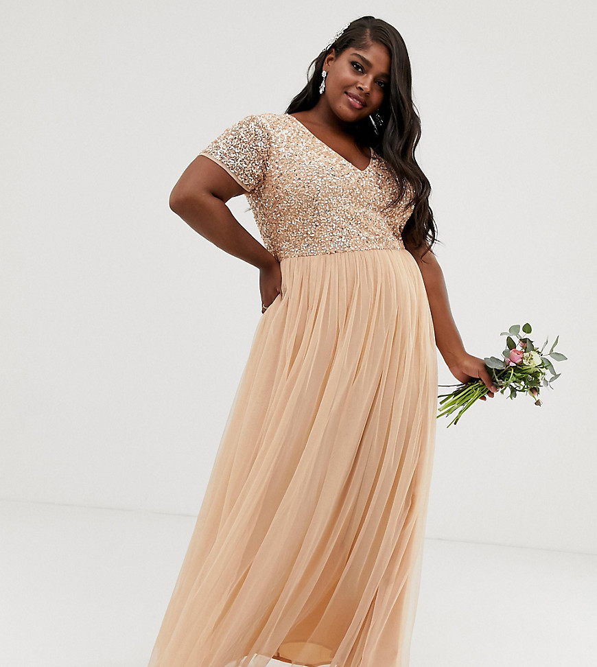 Maya Plus Bridesmaid V neck maxi dress with delicate sequin in soft peach-Pink