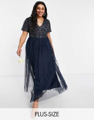 MAYA PLUS BRIDESMAID V-NECK MAXI TULLE DRESS WITH TONAL DELICATE SEQUINS IN NAVY,AZ2617