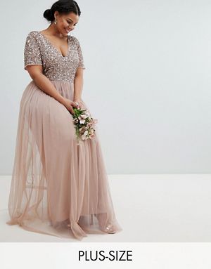 Maya Plus Bridesmaid v neck maxi tulle dress with tonal delicate sequins
