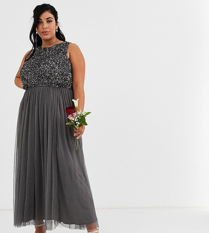 Maya Plus - brudepige - midaxi-kjole i mørkegrå med pailletter 2 i 1