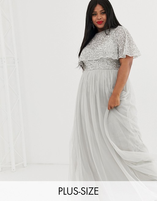 Maya Plus delicate embellished cape maxi dress in silver