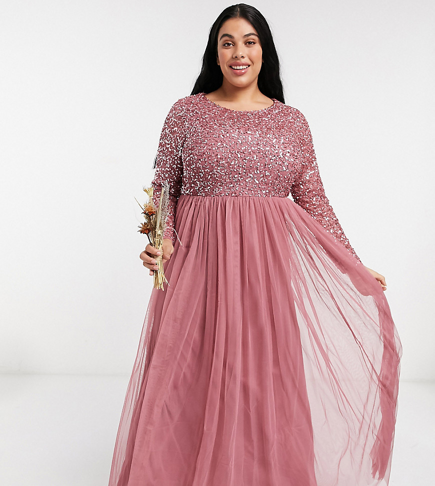 Maya Plus Delicate Sequin Long Sleeve Maxi Dress With Tulle Skirt In Rose-pink